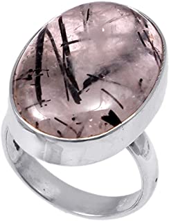 Anillo de plata de ley 925 para mujer-anillo de piedra preciosa natural Rutilo negro-Banda de boda para las mujeres-Piedras preciosas anillo- anillo de compromiso-Tamano del anillo 16(r-34)