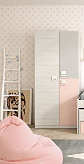 Armario ropero juvenil infantil 3 puertas- barra interior y 3 estantes color blanco- gris y rosa pastel de dormitorio (medida: 90cm ancho x 200cm altura x 52cm fondo)
