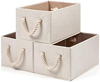 EZOWare 3 pcs Cajas de Almacenaje- Caja Decorativa de Tela Plegable Resistente con Manijas para Ropa- Juguetes- Armario- Dormitorio- Estanterias y Mas - Color Beige Natural