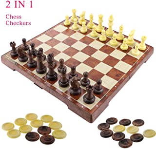Fixget 2 en 1 juego de ajedrez-12 -x12- Ajedrez de madera y damas conjunto con portatiles plegables de almacenamiento de viaje de ajedrez tablero de juego