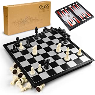 Gibot 3 en 1 Tablero de ajedrez-31.5CM x 31.5CM Tablero de Ajedrez Magnetico con Ajedrez-Verificadores-Backgammon para ninos y Adulto-Tablero de Juego Plegable y Portatil para Viajar-Blanco y Negro