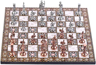 GiftHome - Juego de ajedrez de Metal con Figuras Romanas de Cobre Antiguo para Adultos- Piezas Hechas a Mano y Tablero de ajedrez de Madera con diseno de nacar King 2.8 Inc