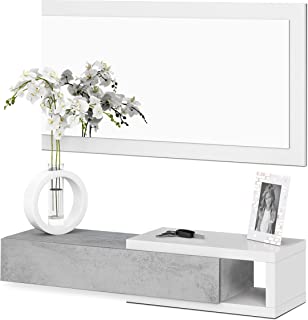 Habitdesign - Recibidor con cajon + Espejo- Medidas 19 x 95 x 26 cm de Fondo (Blanco Artik y Cemento)