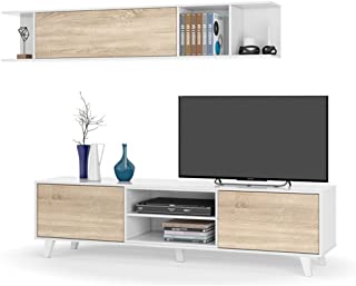 Habitdesign 0F6634BO - Mueble de salon Comedor- modulo TV + Estante- Color Blanco Brillo y Roble Canadian- Medidas: 180x54x41 cm de Fondo
