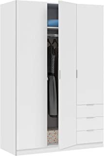 Habitdesign LCX323O - Armario ropero de Tres Puertas y Tres cajones- Color Blanco Mate- Medidas 121 cm (Largo) x 180 cm (Alto) x 52 cm (Fondo)