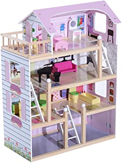 HOMCOM Casa de Munecas con Muebles Mobiliario Casita Muneca Jueguetes Madera con 13 Accesorios incluidos y 4 Niveles Color Rosa
