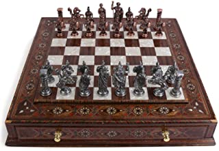 Juego de ajedrez de cobre antiguo antiguo para adultos- piezas hechas a mano-tablero de ajedrez de madera maciza natural con perlas originales alrededor de la tabla-cajon de almacenamiento dentro