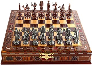 Juego de ajedrez de cobre antiguo egipcio para adultos- piezas hechas a mano y tablero de ajedrez de madera maciza natural con diseno de perla alrededor de la tabla y almacenamiento interior de