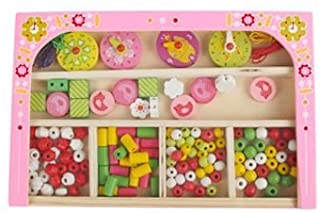 Kids Childrens Wooden Lacing Beads Set Toy in Storage Box by Babyhugs - Pink