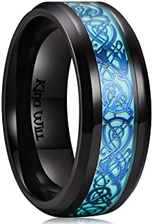 King Will - Alianza Aurora unisex de titanio negro brillante- diseno de dragon celta azul luminoso- 8 mm