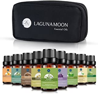 Lagunamoon Aceites Esenciales- Top 10 Set de Viaje de Aceites de Aromaterapia de Lavanda- Eucalipto- Hierba de Limon- Menta- Arbol de Te- Jazmin- Aceites Esenciales para Humidificador- 100- Puros