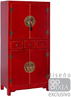 PENA VARGAS Mueble Auxiliar-Armario Oriente Rojo 4 Puertas 2 Cajones (63x33x131)- Madera- 63x33x131 cm